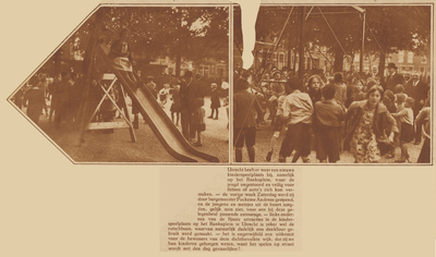 874016 Collage van 2 foto's betreffende de opening van de kinderspeelplaats op het Bankaplein te Utrecht, door ...